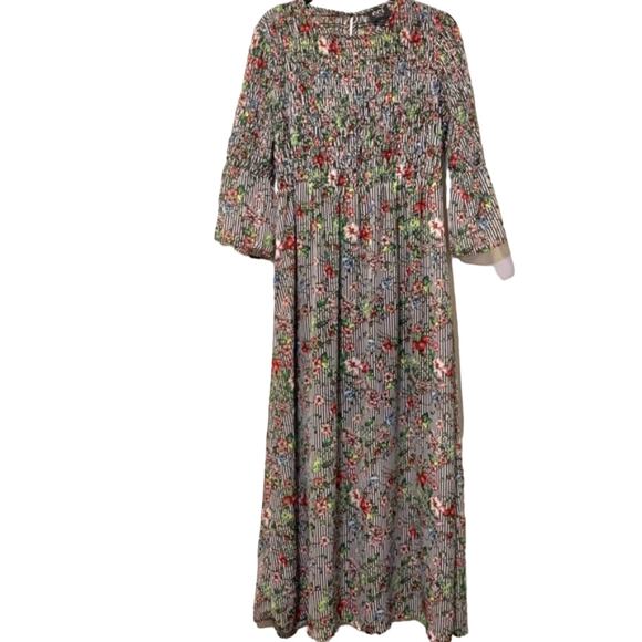 ECI Smocked Sheer Floral Striped Printed Three Quarter Sleeve Maxi Dress Large - Picture 2 of 9